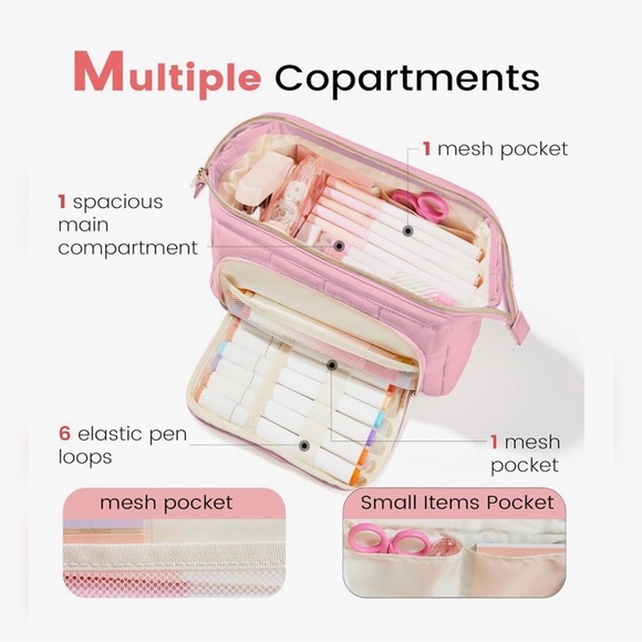 Sooez NWT Spacious Pink Multi-Compartment Pencil Case - Picture 2 of 13